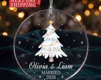 First Christmas Married Ornament, White Snowy Tree Custom Couple Keepsake, Mr & Mrs Acrylic Ceramic Glass Bauble