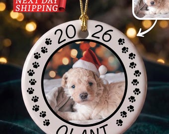 Custom Dog Name Photo Ornament, Personalized Pet Portrait Christmas Bauble, Acrylic Ceramic Glass Animal Keepsake