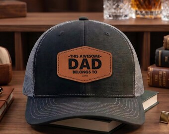 Personalized Dad Hat with Kids Names, Richardson 112 Trucker Cap, Custom Faux Leather Patch Fathers Day Gift for Dad Papa Daddy Pops