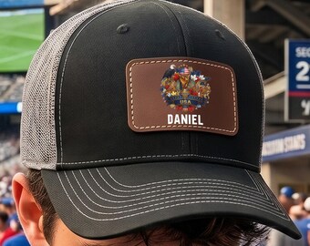 Personalized USA Soccer Fan Trucker Hat, Custom Name Leather Patch Cap, Patriotic Football Supporter Hat, 2026 Tournament Fan Gift