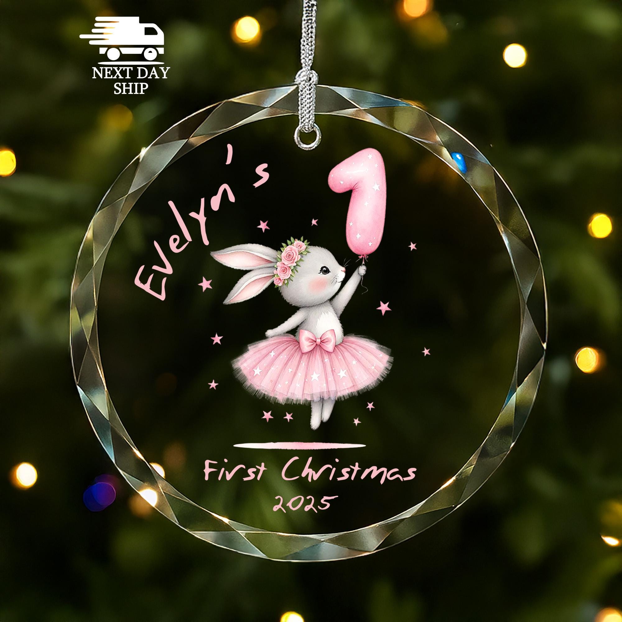 Baby Girl First Christmas Name Ornament 2025, Personalized Bunny With Pink Tutu & Number Balloon Ornament Newborn First Year Tree Decoration