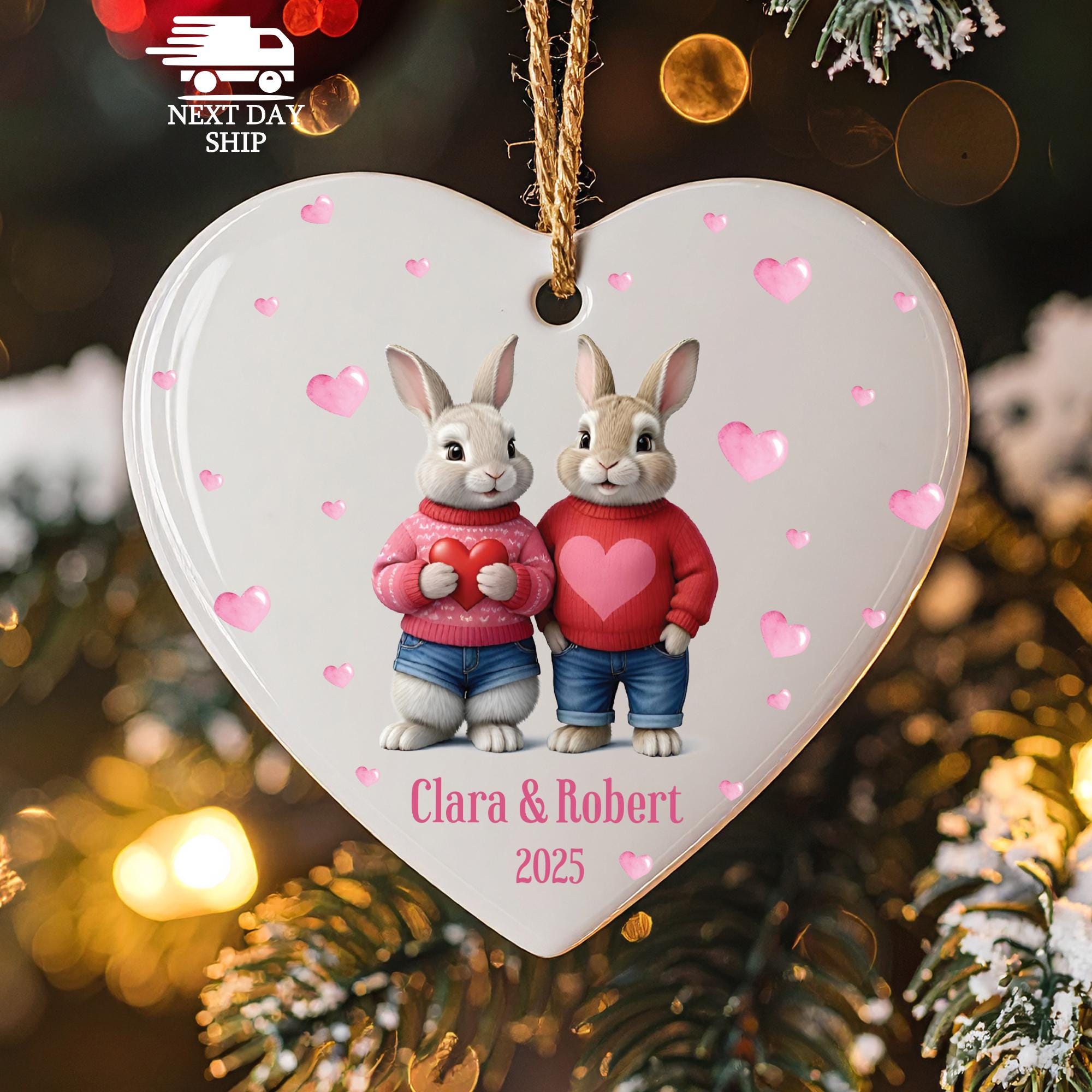 Custom Rabbit Couple Name Ornament, Personalized Year Glass Ornament, Rabbit In Red Clothe Ornament, Gift For Couple, Anniversary Gift