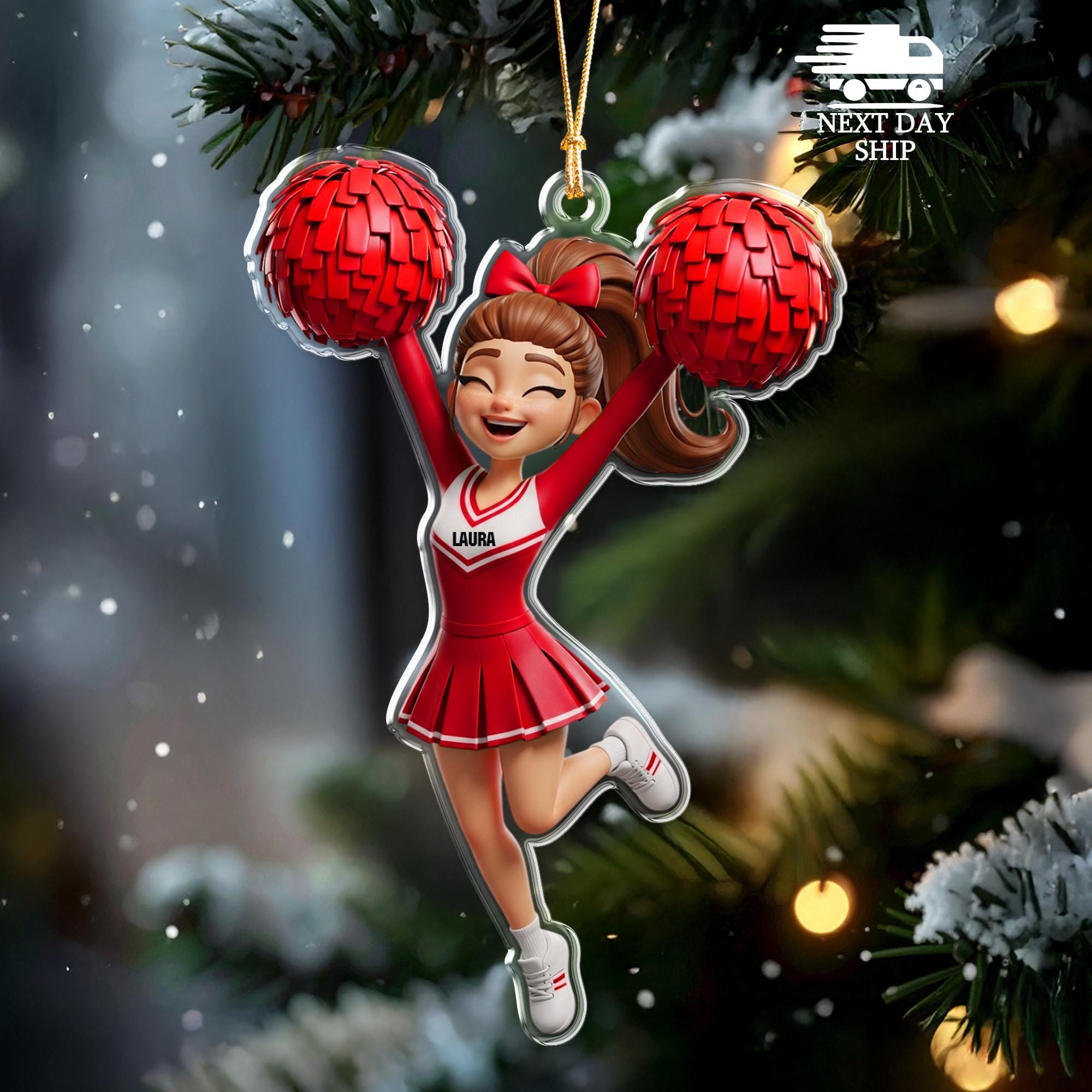 Cheerleader Christmas Ornament, Cheer Gift for Girls 2025, Cheer Squad Gift, Cheer Team Gift, Custom Name Acrylic Cutout Ornament with Pom