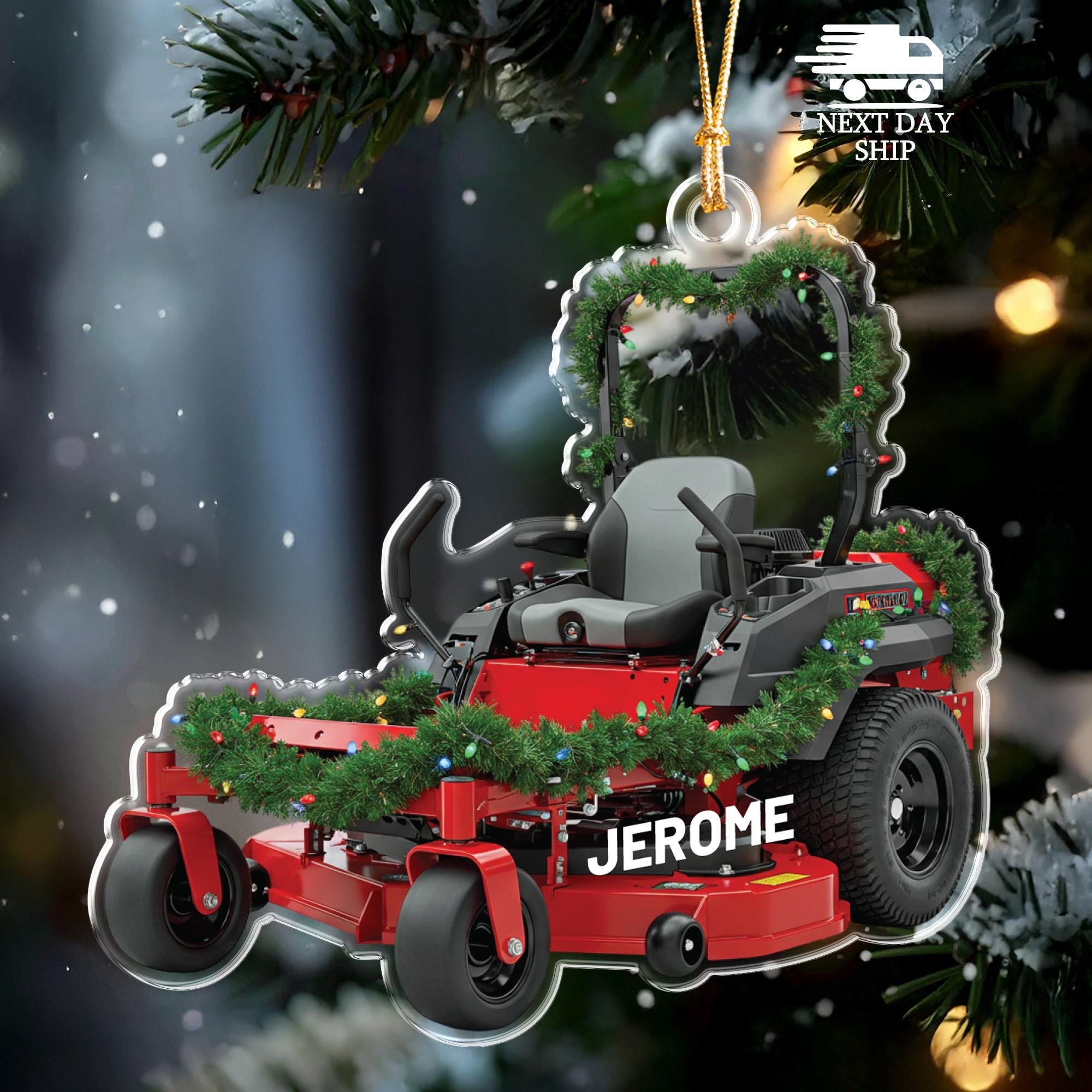 Lawn Mower Christmas Ornament, Decorated Mower Keepsake, Custom Name Acrylic Ornament, Landscaper Ornament ,Gardener Ornament, Yard Worker