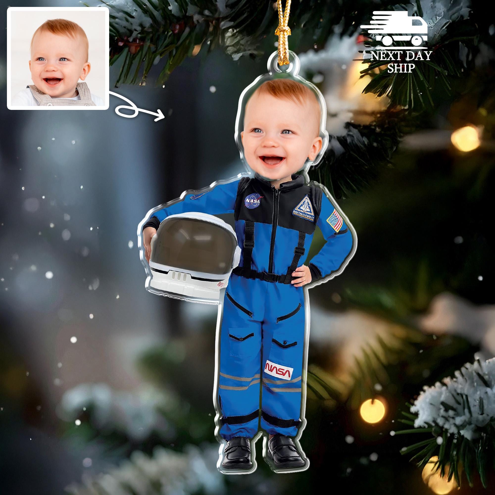 Cute Baby Astronaut Ornament, Custom NASA Kids Ornament, Acrylic Space Suit Ornament, Kids Christmas Keepsake, 2D Face Photo Print Ornament