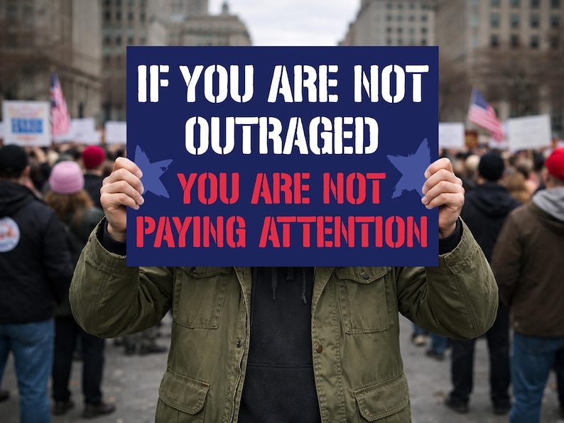 May include: A person holds a navy blue sign with white and red text that reads: "IF YOU ARE NOT OUTRAGED YOU ARE NOT PAYING ATTENTION." The sign has blue star graphics and is held in front of a crowd of people.