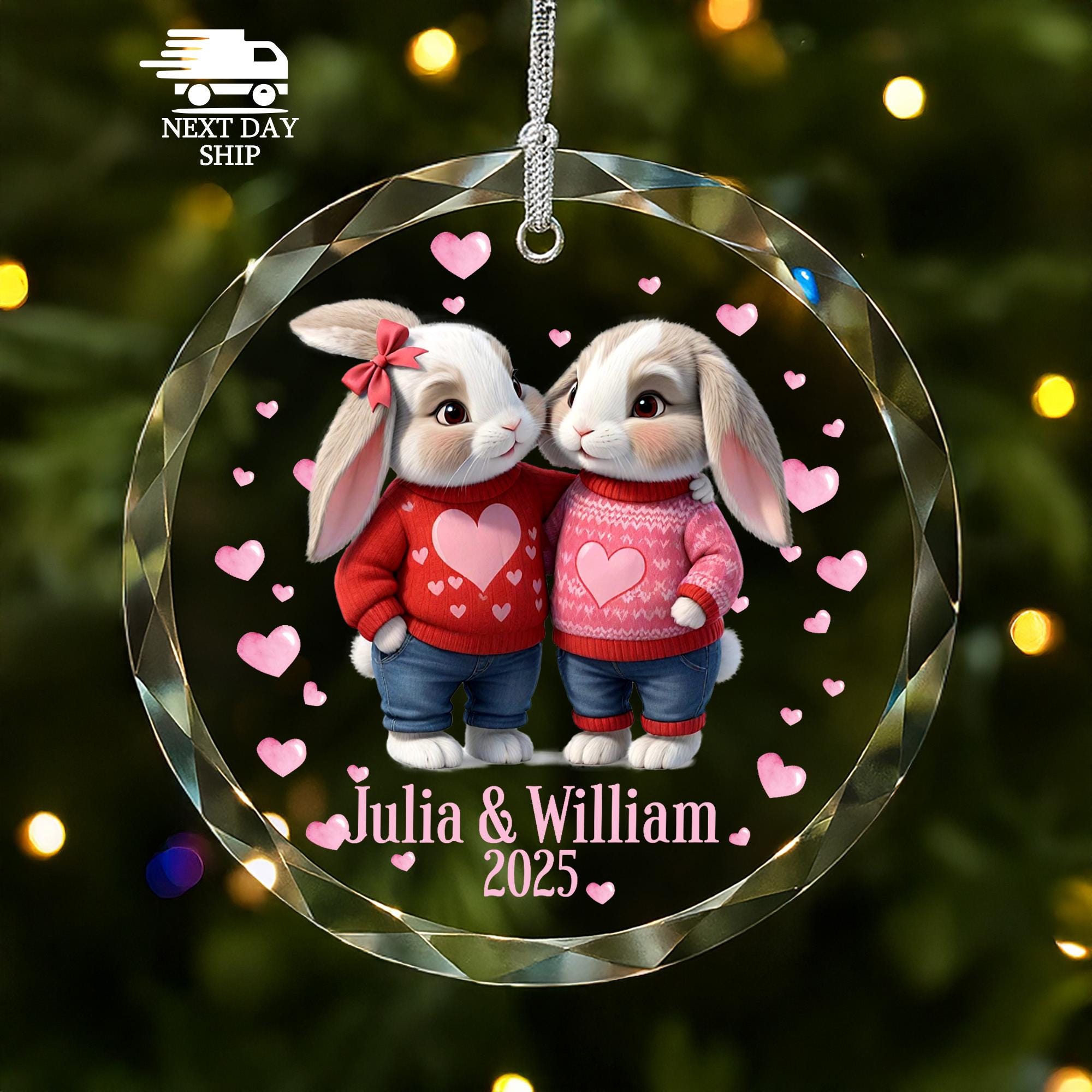 Personalized Bunny Couple Christmas Ornament 2025, Custom Rabbit Name Ornament, Couples Romantic Christmas Gift Holiday Anniversary Keepsake