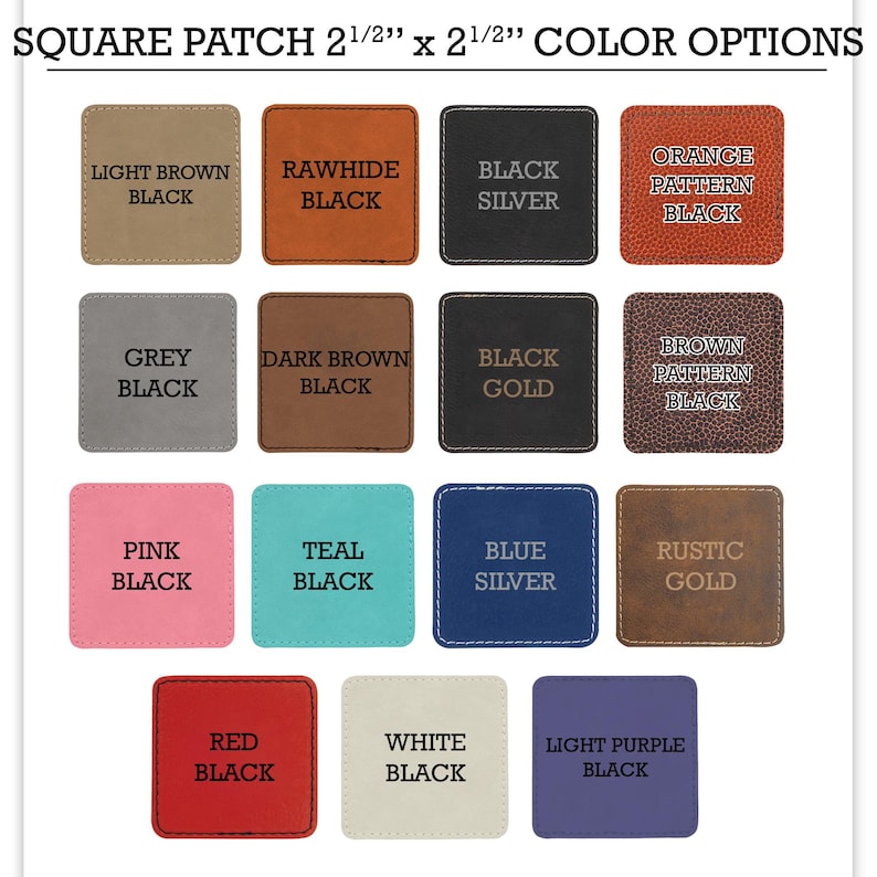 K&ouml;nnte beinhalten: Eine Tabelle mit 12 verschiedenen Farboptionen f&uuml;r einen quadratischen Patch mit einer Gr&ouml;&szlig;e von 6,35 cm x 6,35 cm. Die Farben umfassen Hellbraun, Wildleder, Schwarz Silber, Orange Muster, Grau, Dunkelbraun, Schwarz Gold, Braun Muster, Pink, Teal, Blau Silber, Rustikal Gold, Rot, Wei&szlig; und Helllila.