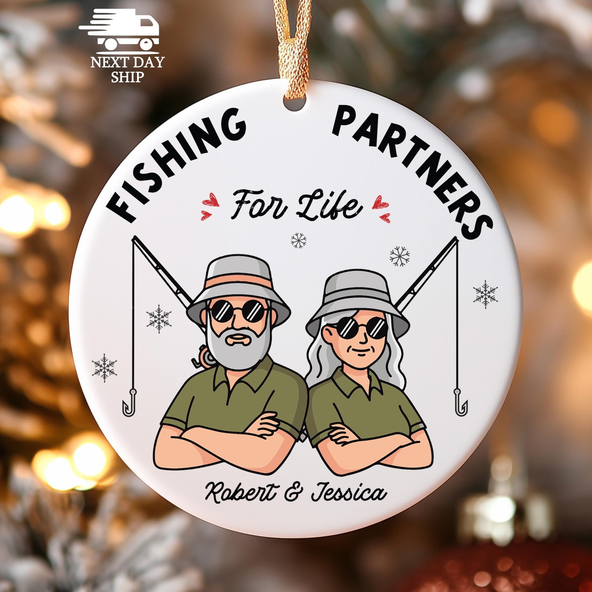 Fishing Partners For Life Ornament, Personalized Couple Fishing Gift, Custom Name Holiday Ornament, Funny Fisherman and Fisherwoman Decor