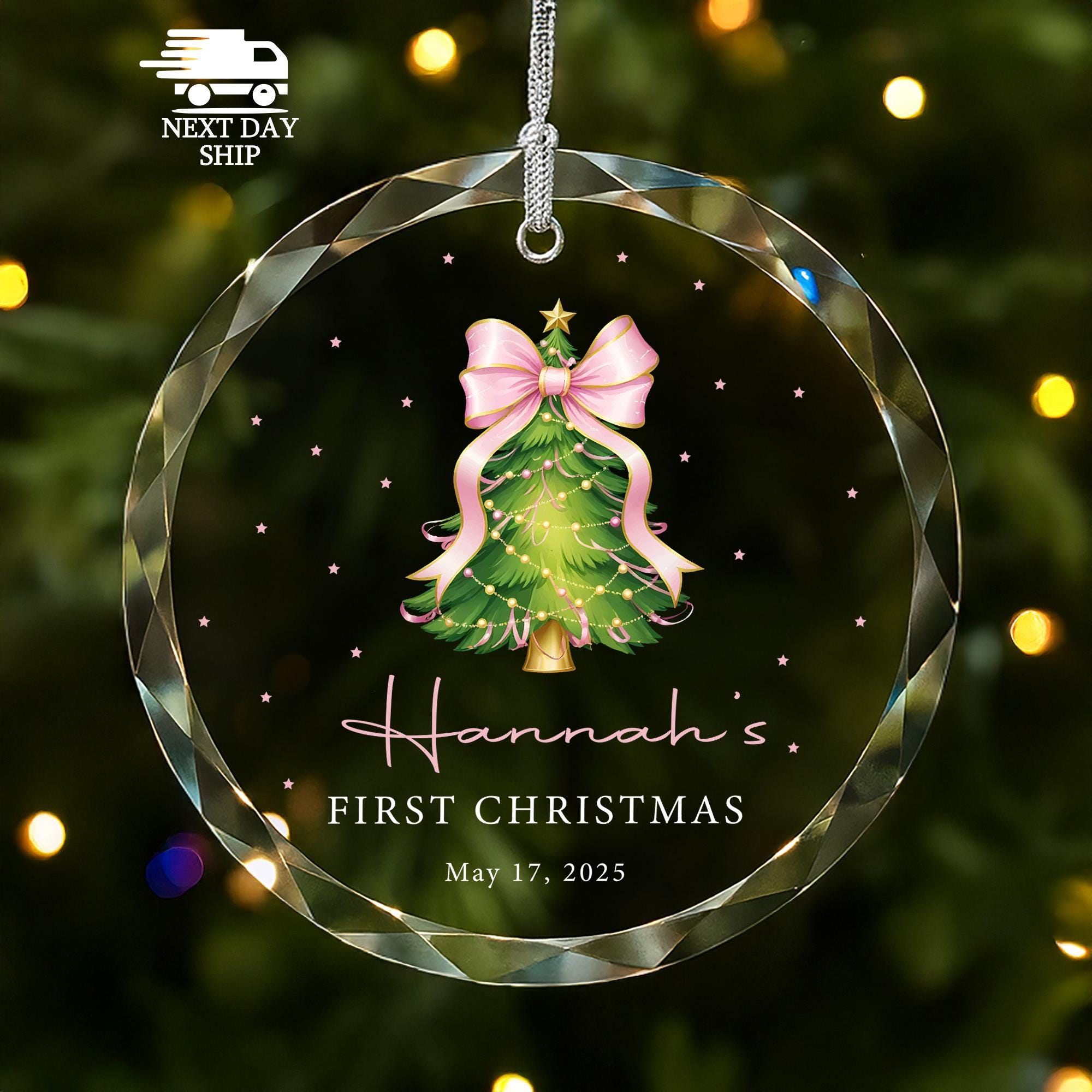 Baby’s First Christmas Name Ornament 2025, Personalized Christmas Tree Ornament, Custom New Baby Keepsake, Infant First Xmas Pink Bow Decor