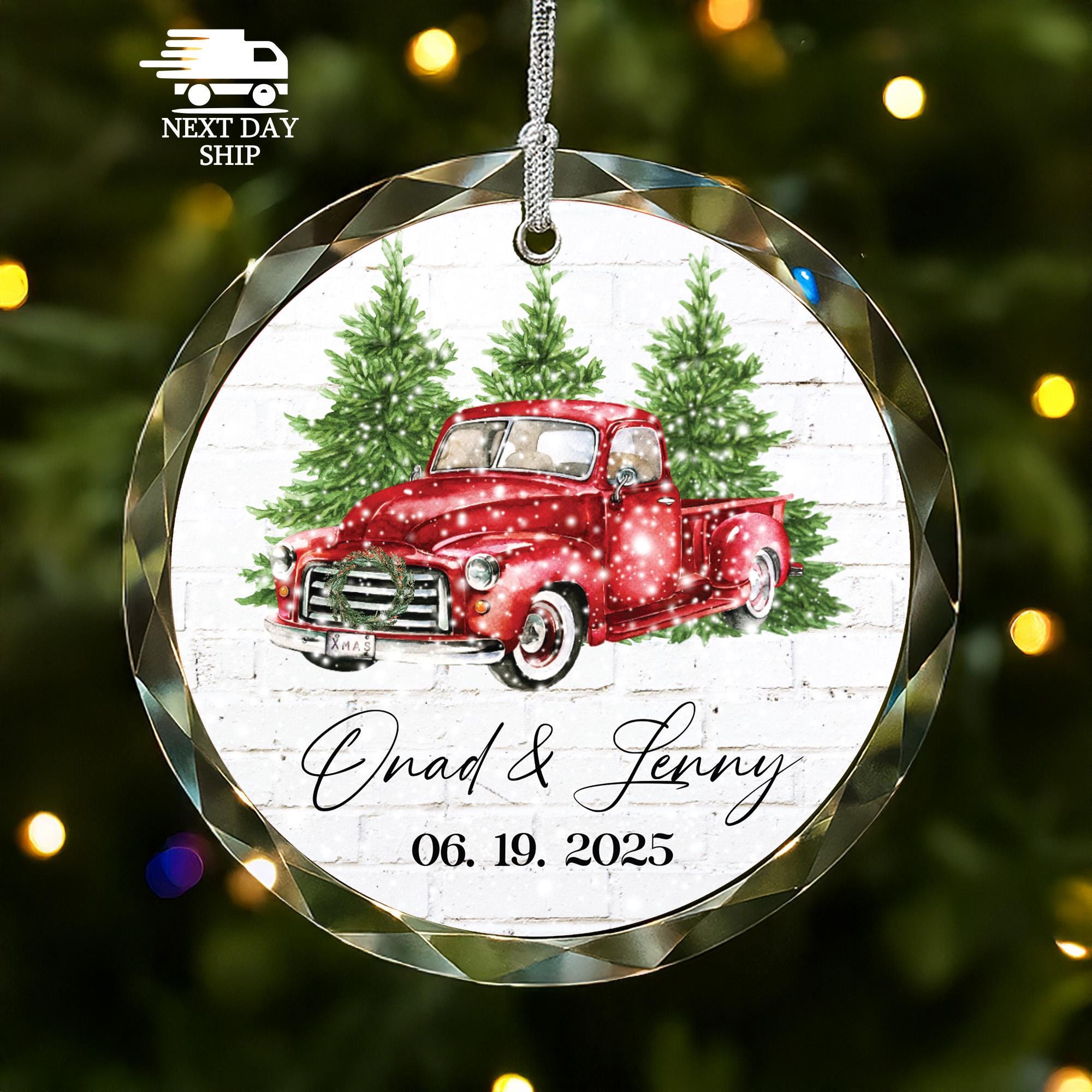 Personalized Red Vintage Truck Christmas Ornament 2025, Custom Name Family Holiday Decoration, Farmhouse Engagement Ornament Couple Keepsake