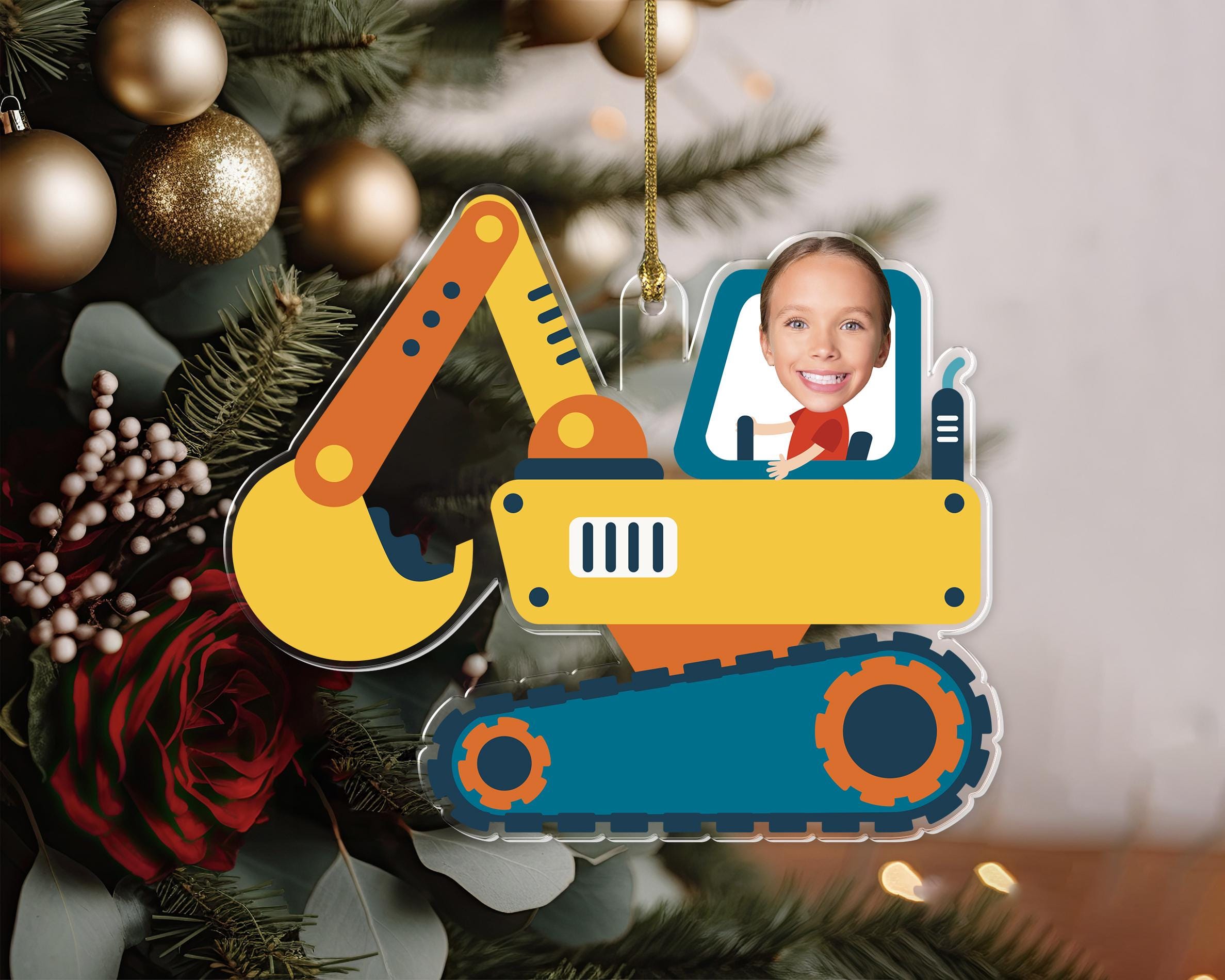Personalized Kid Photo Ornament, Custom Baby Photo Keepsake, First Christmas Funny Ornament, Kid Christmas Construction Truck Ornament Gift