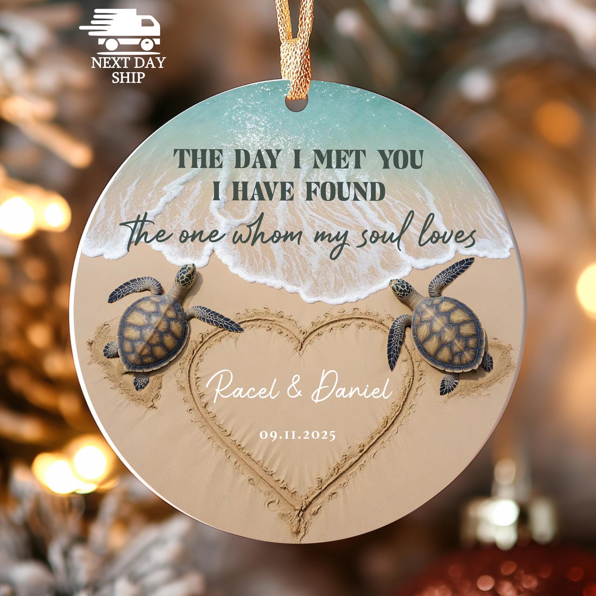 Personalized Sea Turtle Couple Ornament, Custom Beach Heart Sand Ornament,  Romantic Ocean Love Keepsake Gift, Wedding Anniversary Ornament