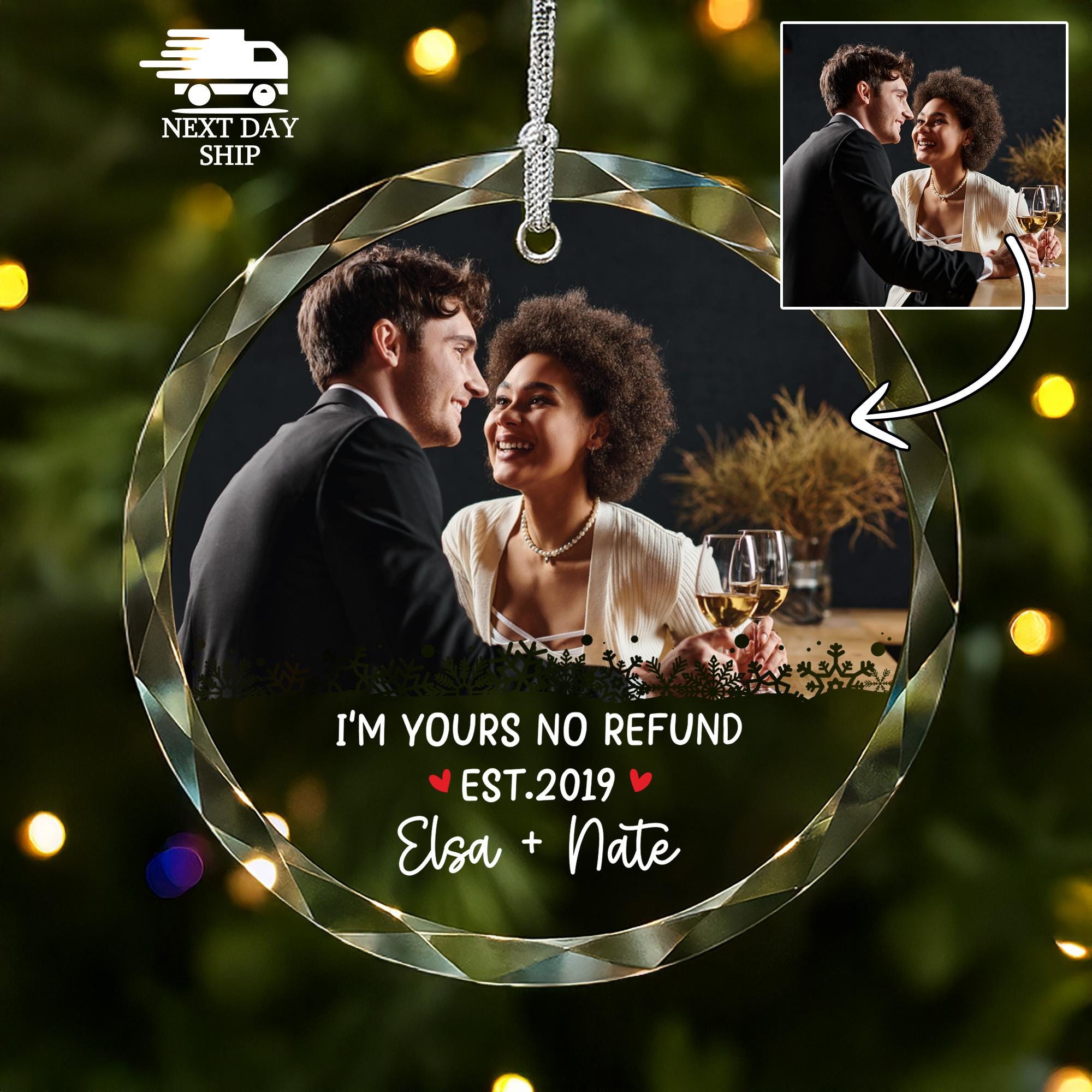 I'm Yours No Refund Cute Couple Ornament, Est Anniversary Ornament, Personalized Valentine Photo Ornament, Couples Christmas Picture Gift