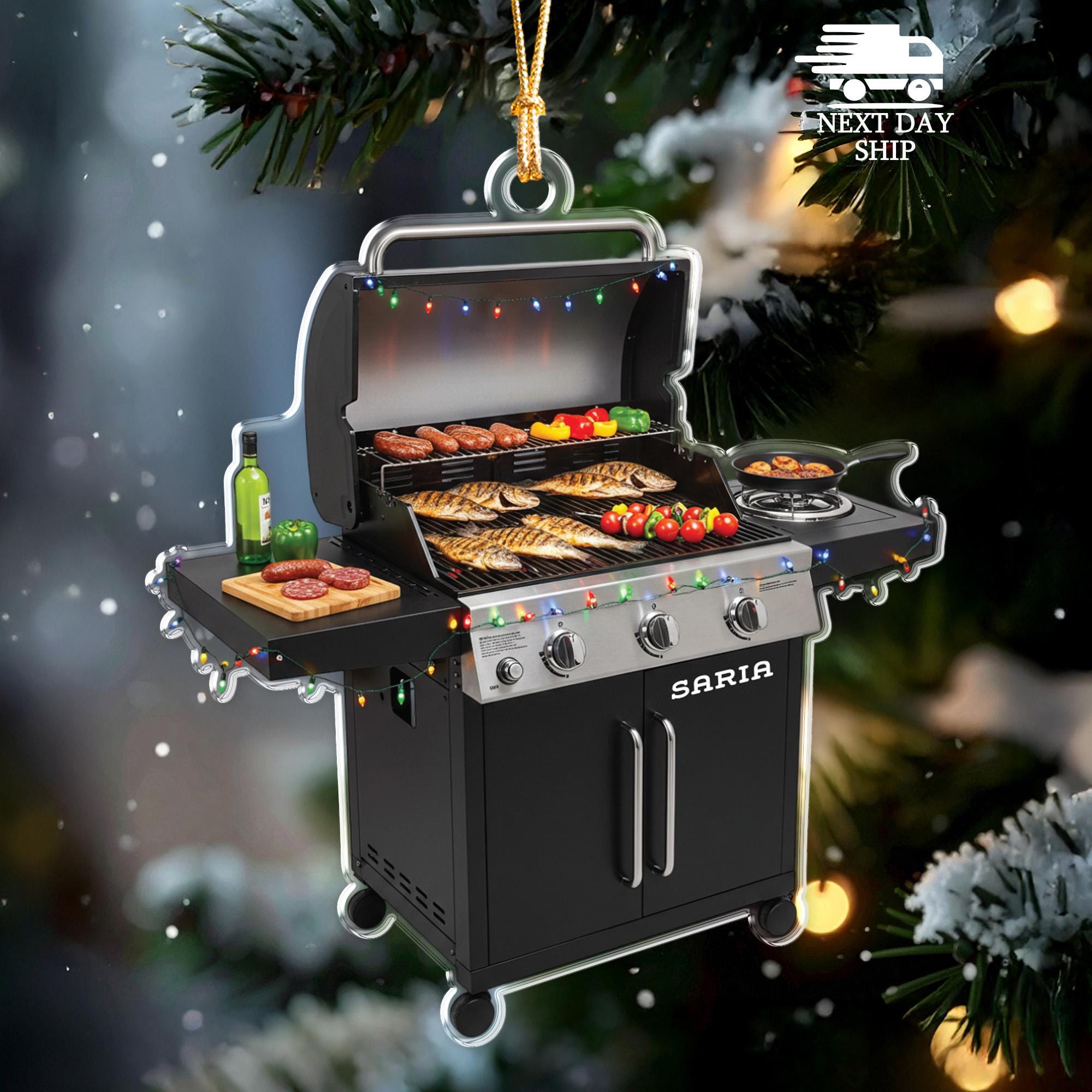 Barbecue Grill Christmas Ornament, Personalized Acrylic Grilling Ornament, Grill with Name, BBQ Lover Christmas Gifts, Gift for Dad Grandpa