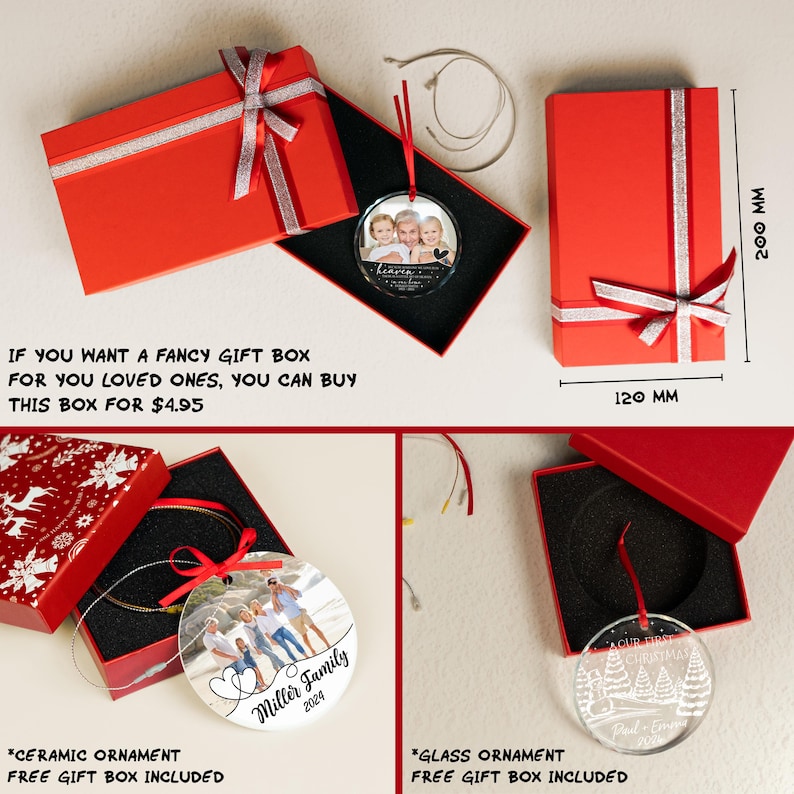 May include: A red rectangular gift box with a silver ribbon, containing a circular glass ornament with a family photo and the text 'heaven'. A second red box measures 200 mm by 120 mm. Includes a ceramic ornament with a family photo and a glass ornament.