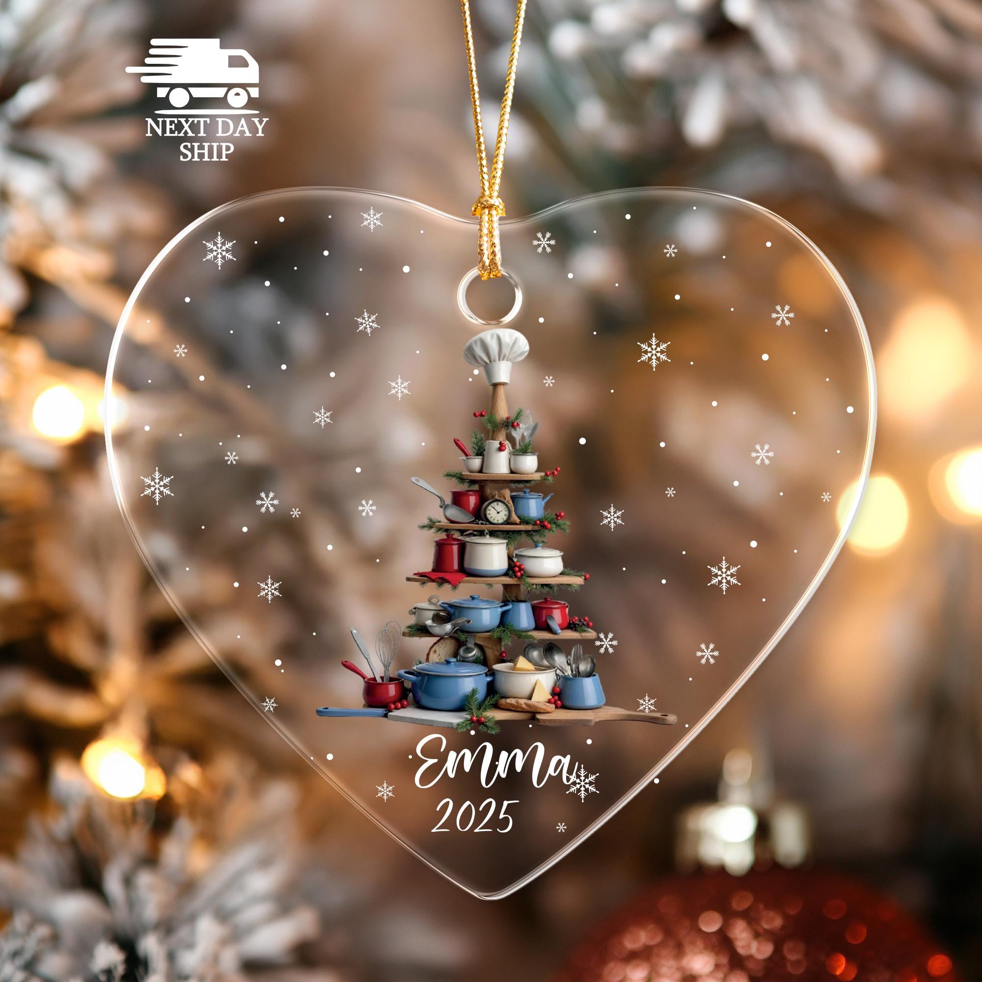 Cooking Tools Christmas Tree Ornament, Ornament With Chef Hat, Custom Chef Name Ornament, Gifts for Chef, Baker Gifts, Kitchen Decoration