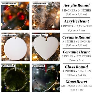 May include: A collection of six hanging ornaments in round and heart shapes made of clear acrylic, white ceramic, and faceted glass. The acrylic round measures 7.62 cm by 7.62 cm, the acrylic heart 7.6 cm by 7 cm, the ceramic round 7.62 cm by 7.62 cm, the ceramic heart 7.6 cm by 7 cm, the glass round 7.62 cm by 7.62 cm, and the glass heart 8 cm by 7 cm.