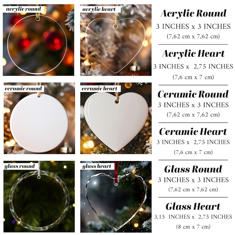 May include: A collection of six hanging ornaments in round and heart shapes made of clear acrylic, white ceramic, and faceted glass. The acrylic round measures 7.62 cm by 7.62 cm, the acrylic heart 7.6 cm by 7 cm, the ceramic round 7.62 cm by 7.62 cm, the ceramic heart 7.6 cm by 7 cm, the glass round 7.62 cm by 7.62 cm, and the glass heart 8 cm by 7 cm.
