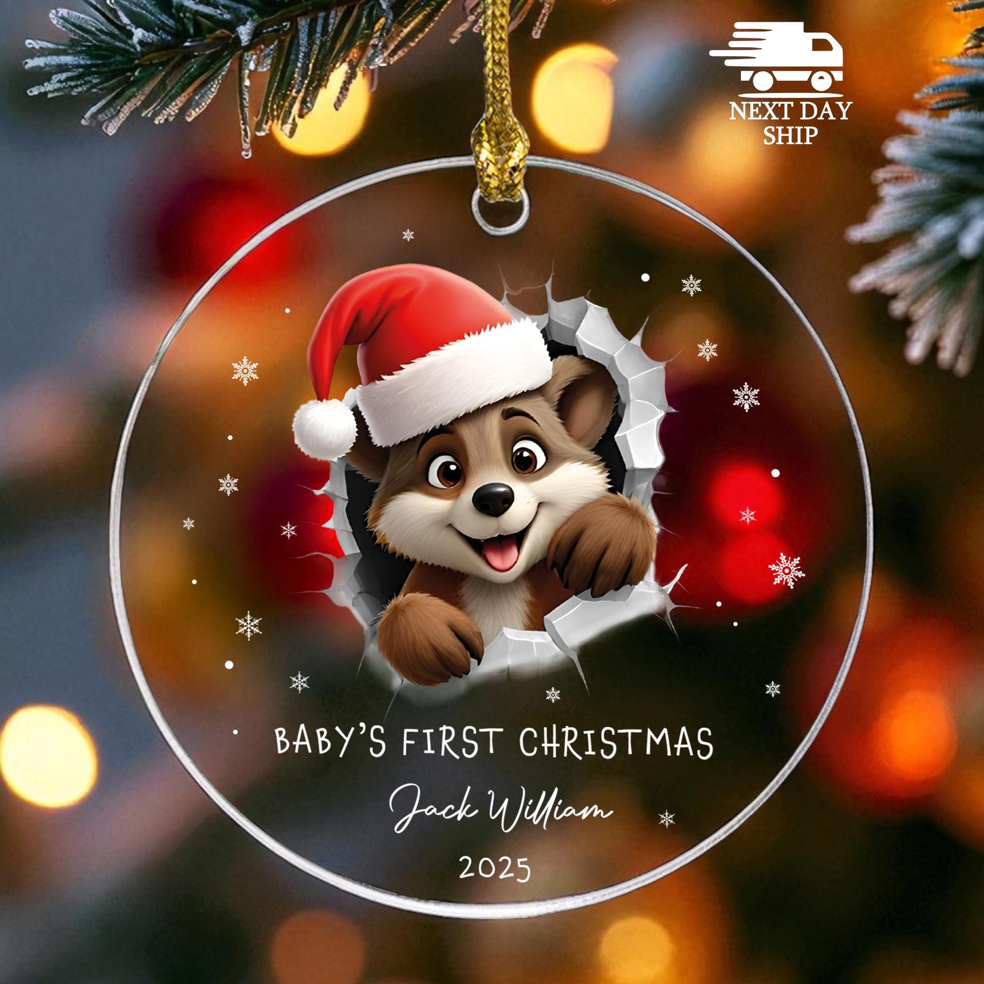 Baby’s First Christmas Ornament 2025, Personalized Raccoon with Santa Hat Christmas Gift, Newborn First Year Ornament, Custom Name Keepsake