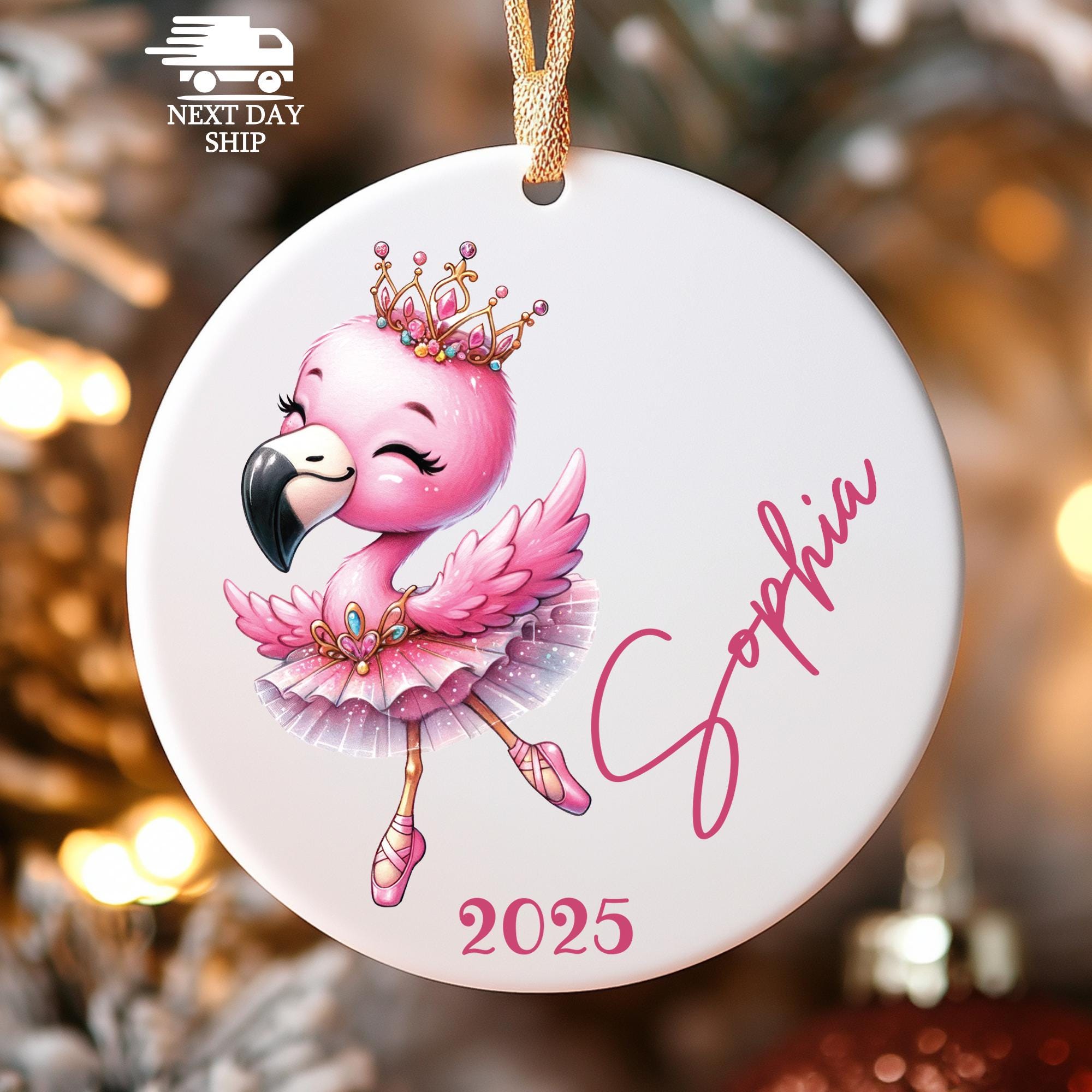 Pretty Flamingo Ballerina Ornament, Custom Name Flamingo Ornament, Flamingo with Crown Christmas Keepsake, Kids Name Holiday Decoration 2026