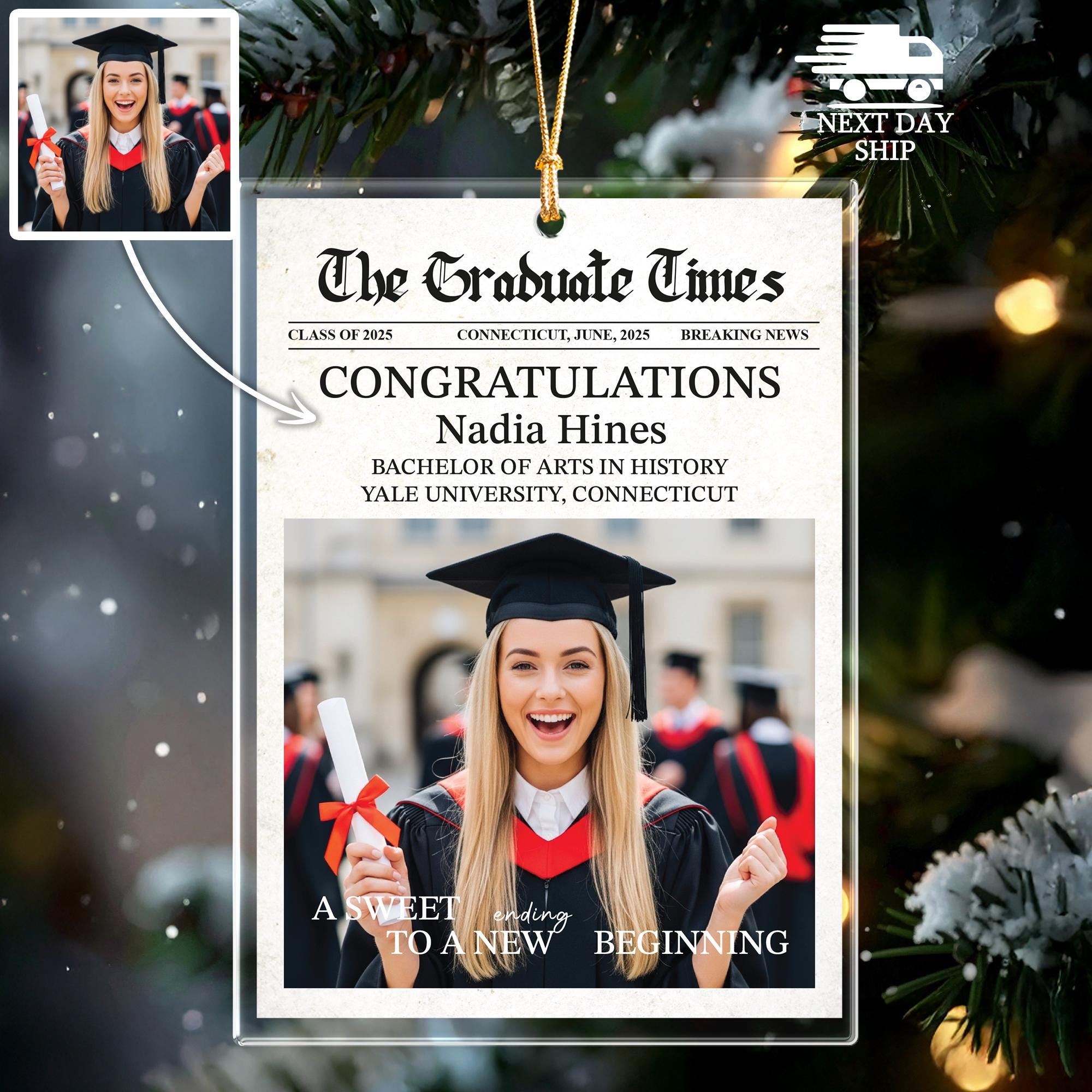 Graduation Newspaper Ornament, Custom Photo And Name Keepsake, Class of 2026 Gift, College or High School Graduate Gift, Gift For Student