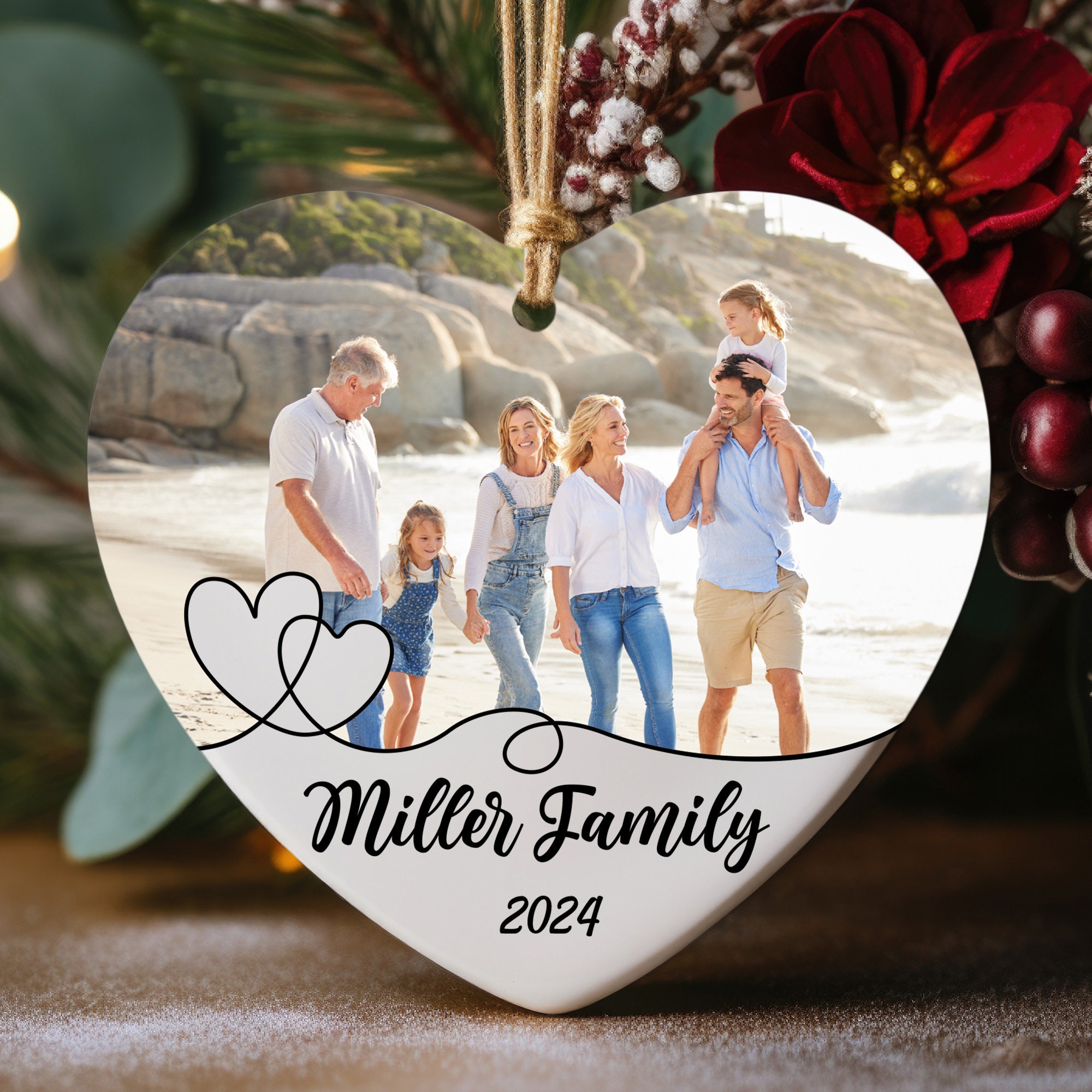 Personalized Photo Family Name Ornament, Custom Family Name Ornament, Family Keepsake, Christmas Tree Ornament, Custom Ceramic Heart Gift