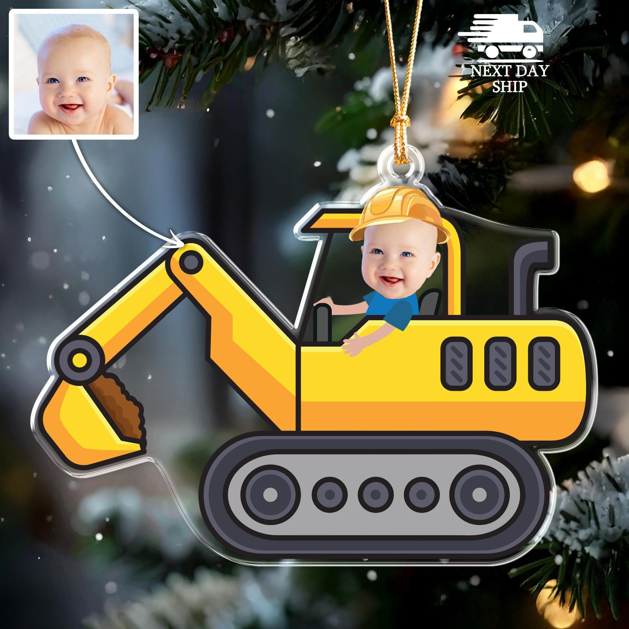 Custom Baby Photo Construction Ornament, Personalized Excavator Christmas Decoration, Kids Face Print Ornament, Acrylic Stocking Stuffer