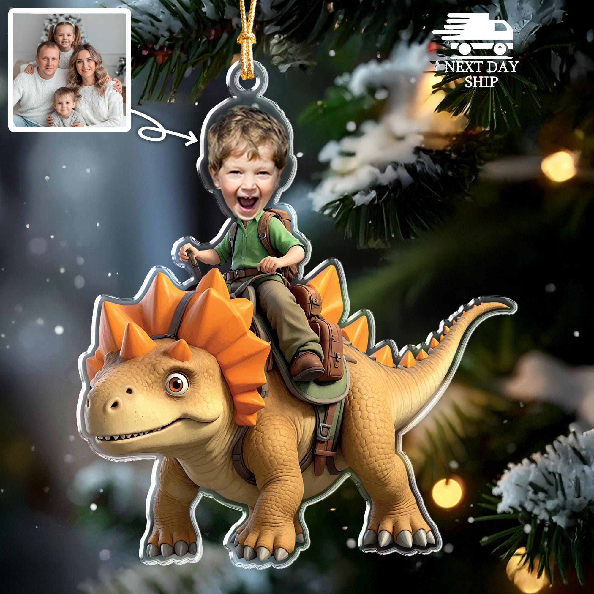Custom Dinosaur Rider Ornament, Kids Face Picture Ornament, Personalized Kids Photo Christmas Decor, Dino Lover Acrylic Stocking Stuffer
