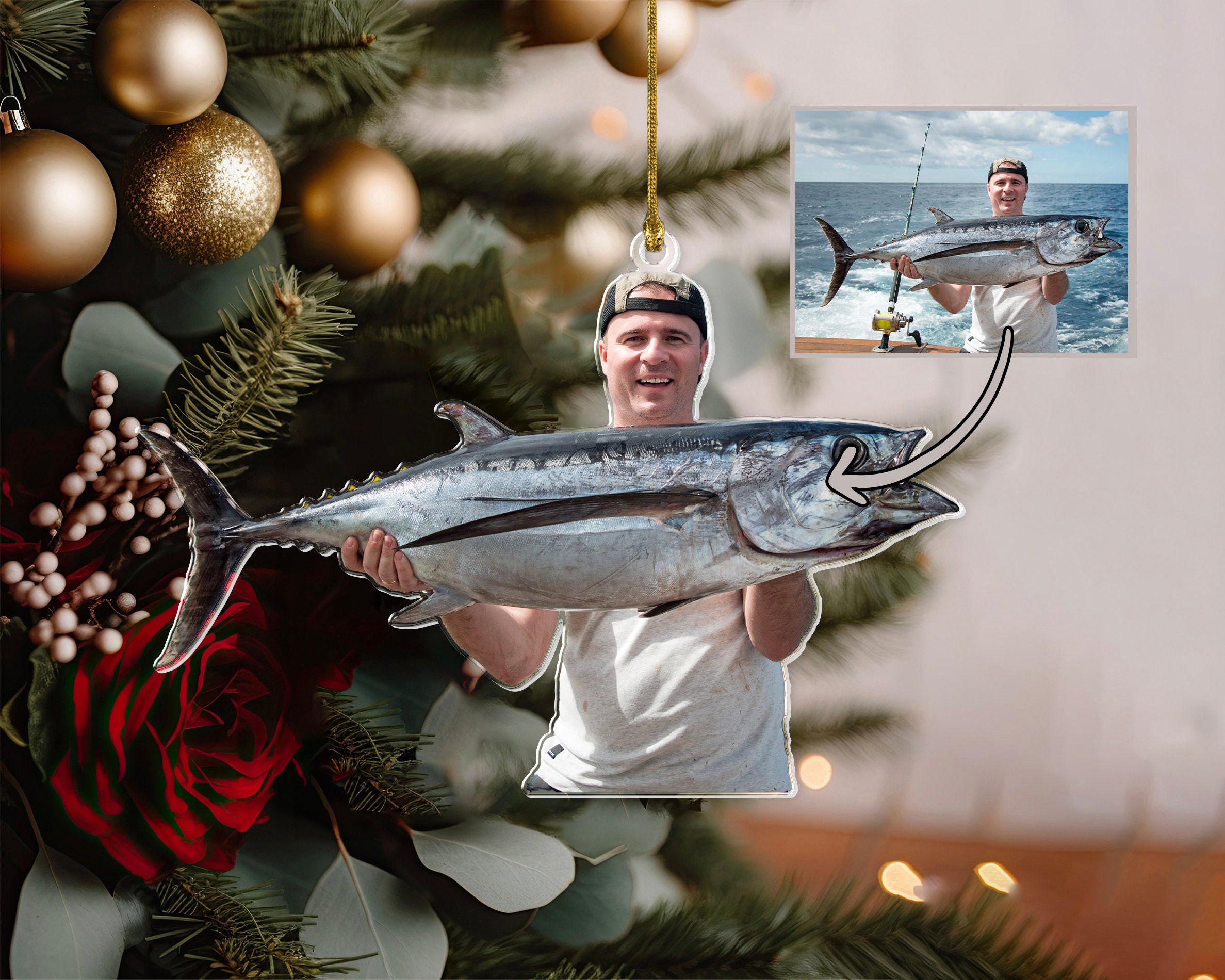 Custom Photo Fishing Ornament, Personalized Picture Fish Hunting Ornament, Fishing Lover Gift, Fishing Fan Ornament, Gift For Dad, Fish Love