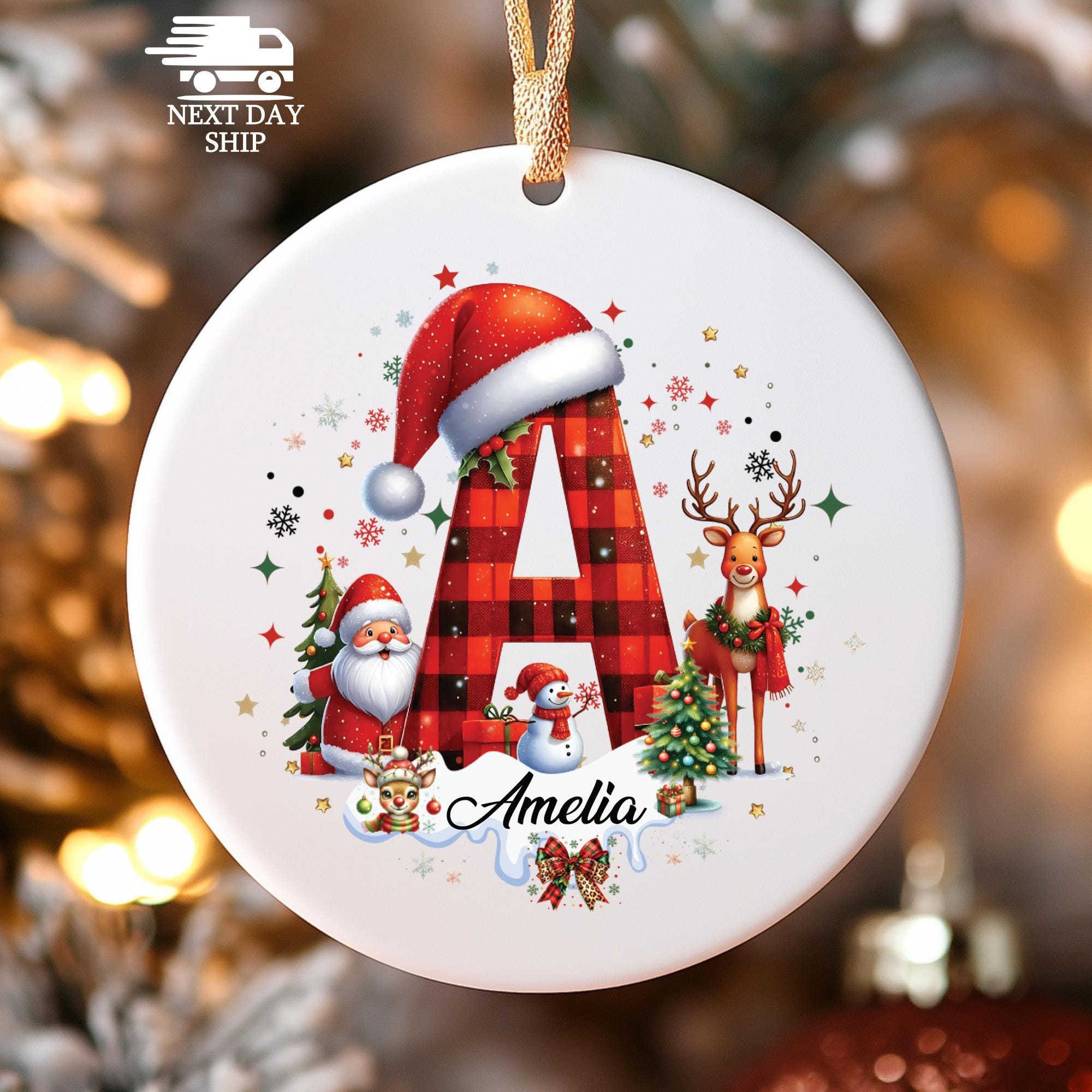 Personalized Plaid Initial and Name Ornament, Custom Stocking Stuffer Keepsake, Santa Letter Ornament, Christmas Tree Decor, Christmas Gift