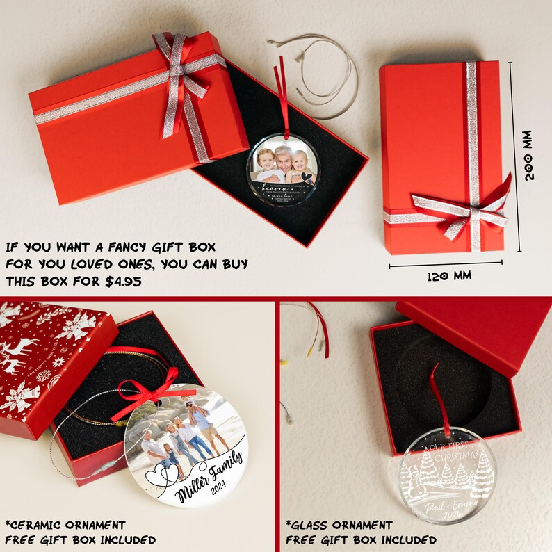May include: Two red gift boxes with a white ribbon and bow. The boxes are 120 mm wide and 200 mm tall. Inside the boxes are round ceramic and glass ornaments. The ceramic ornament has a photo of a family with the text "Miller Family 2024". The glass ornament has a design of a Christmas tree with the text "Our First Christmas Paul & Emma".