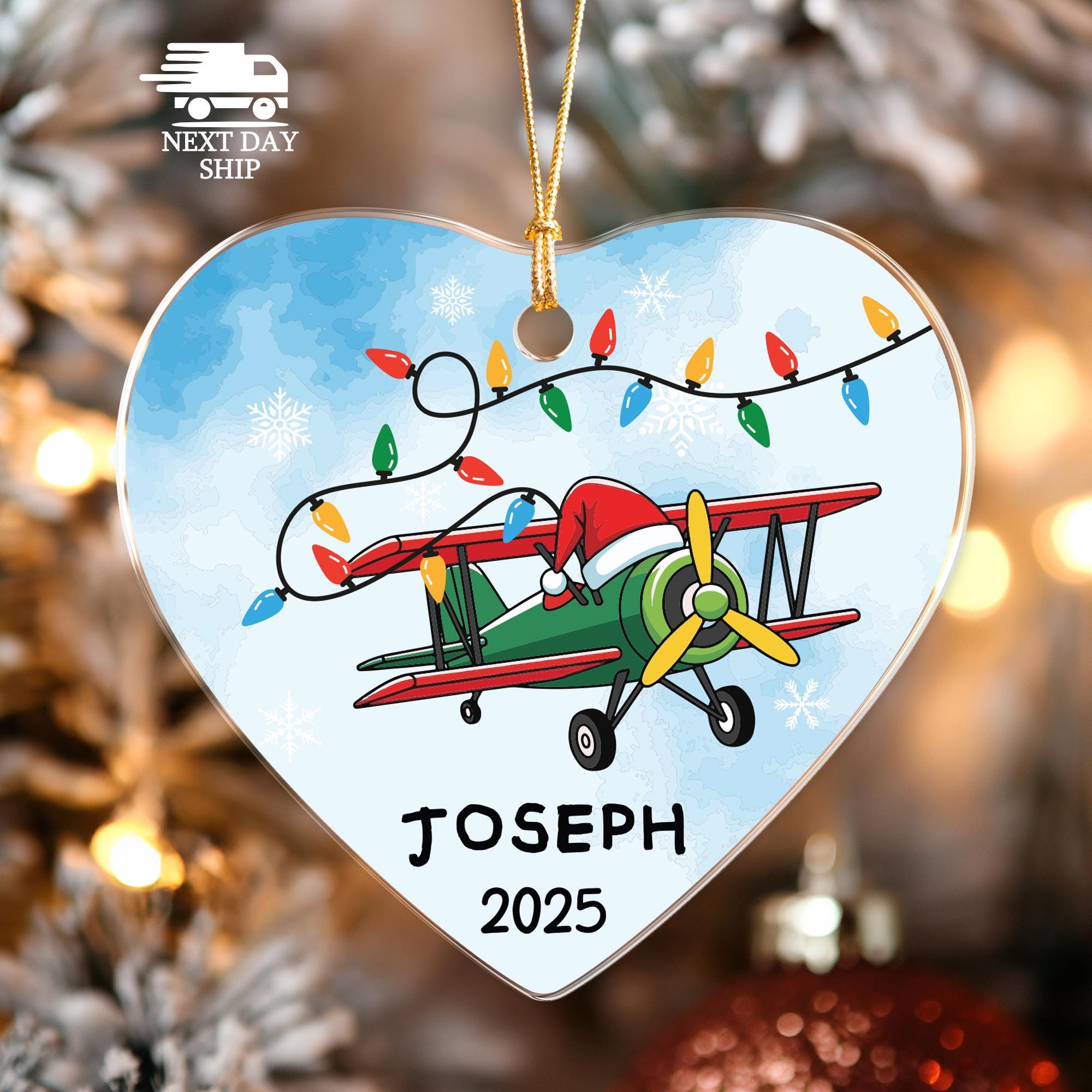 Customized Airplane Ornament with Santa Hat, Personalized Name Keepsake, Christmas Gift for Pilot ,Flight Crew Ornament, Kid Tree Decoration
