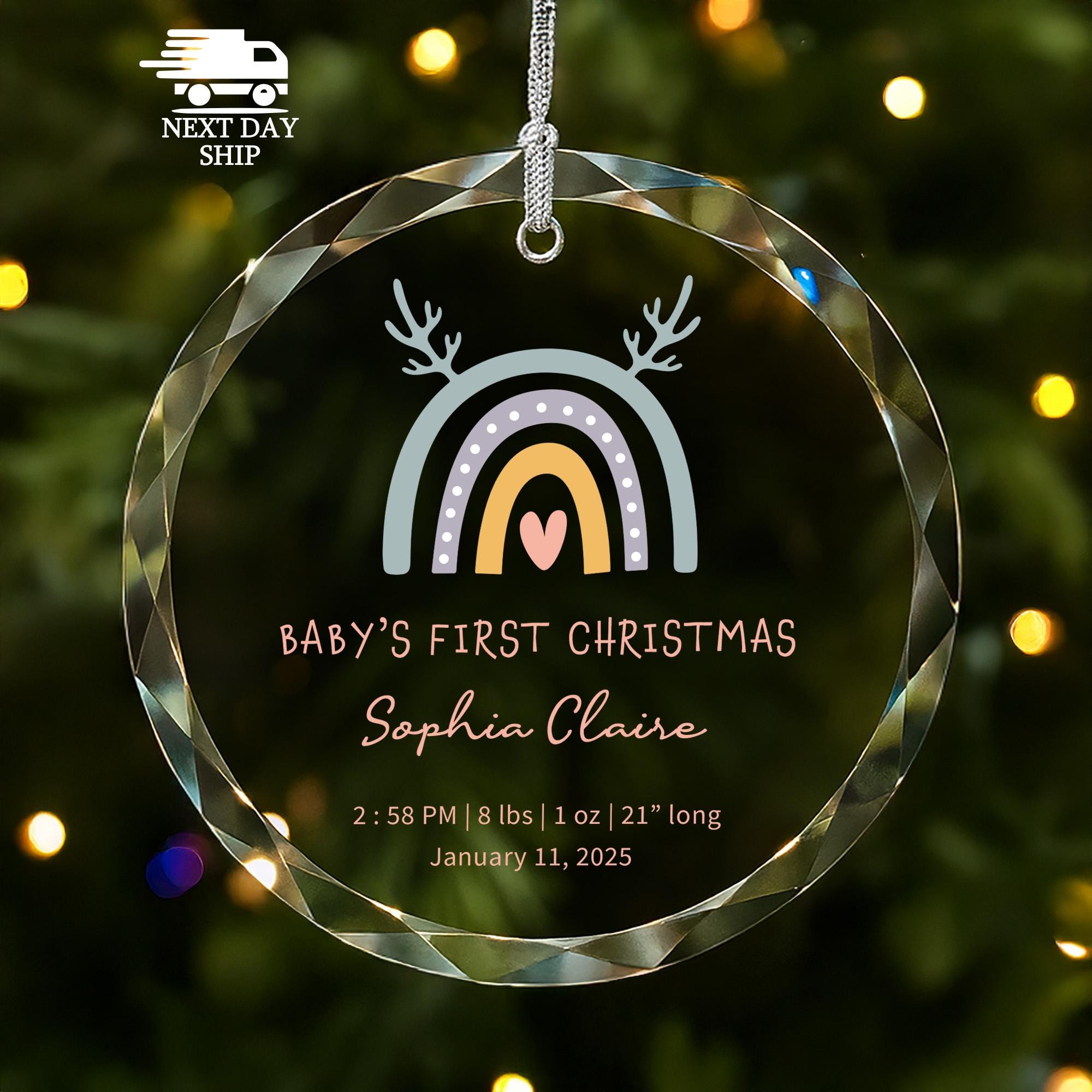 Newborn Rainbow Keepsake Ornament, Baby’s First Christmas Ornament 2025 Personalized with Name & Birth Stats, Custom Infant Xmas Tree Decor
