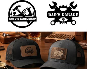 Custom Engraved Dad's Garage and Workshop Cap, Personalized Fathers Day Gift, Richardson 112 Trucker Cap with Engraved Leather Patch