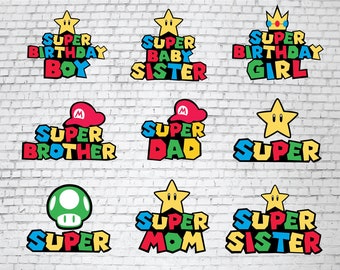 Paquete de arte de cumpleaños familiar en formato SVG de Super Mario para Cricut y sublimación, camisetas a juego de Mario, imágenes prediseñadas de Mario, fuente de Super Mario, imágenes PNG de Mario