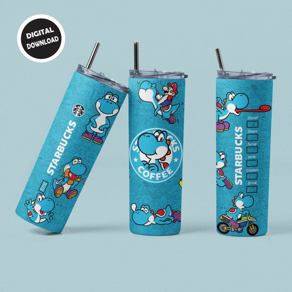 Cartoon Tumbler Wrap - Digital Download - Mario Tumbler - 20oz Skinny and Tapered Wraps - Sublimation Design  - Blue Yoshi Tumbler - PNG