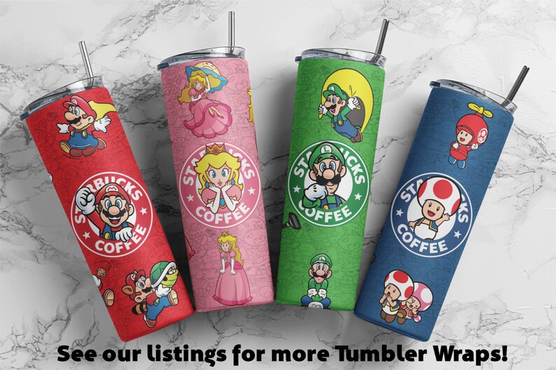 Pu&ograve; includere: Quattro diversi design di bicchieri in acciaio inossidabile con involucri colorati che presentano personaggi della serie di videogiochi Super Mario Bros. Ogni involucro presenta un logo Starbucks con il testo "Starbucks Coffee" e un personaggio diverso del gioco. I personaggi includono Mario, Luigi, Peach e Toad.