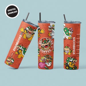 Puede incluir: Un vaso de acero inoxidable con un diseño rojo y naranja que presenta un personaje de dibujos animados de la serie de videojuegos Super Mario Bros. El vaso tiene el logotipo de Starbucks y las palabras "Starbucks Coffee".