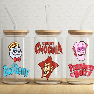 Halloween Tumbler Wrap - Monster Cereal Art - 16oz Glass Can Wrap - 16oz Libbey Can Glass - Full Glass Can Wrap- UV - DTF Wrap - Digital PNG