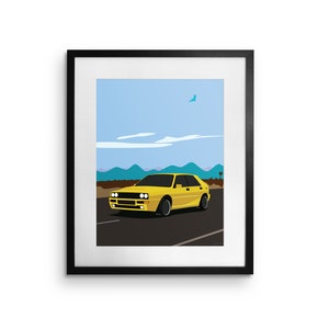 Lancia Delta Integrale HF Evoluzione II Sunset Stampato su carta fine art bianco, illustrazioni, poster, stampa auto, stampa a parete