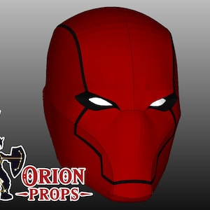 May include: Red and black superhero mask with a sleek, modern design. The mask has a pointed chin and a narrow eye opening.