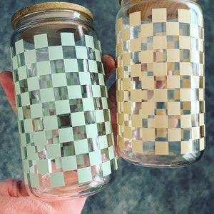Trendy Checkerboard Patterned Glass Tumbler, 20 oz. various colors (comes with bamboo lid and glass straw)