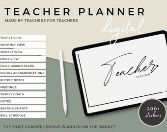 May include: A digital teacher planner on a tablet with a green and beige background. The planner includes sections for yearly, monthly, weekly, and daily views, as well as daily lesson plans, IEP/504 accommodations, PLT/PLC notes, meetings, yearly goals, notes, seating charts, and bell schedules. The planner also includes 200+ stickers.