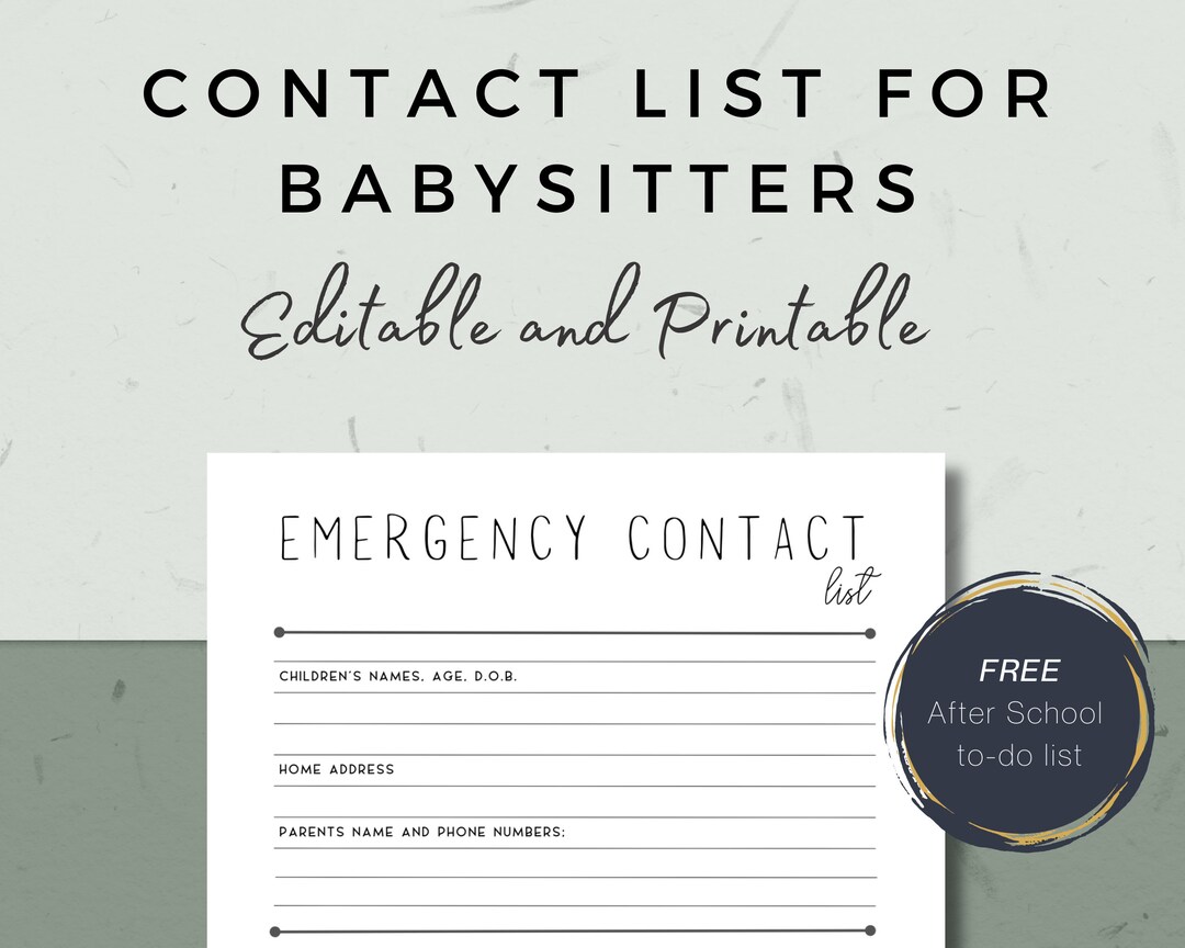 EDITABLE Emergency Contact Form, Babysitter Form, Child Care Form ...