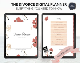 May include: A digital planner for divorce with a pink and white cover featuring roses and glasses. The planner includes sections for budgeting, attorney information, shared assets, retirement accounts, savings, mediation, parenting classes, parenting plans, filing for divorce, documents, and additional notes. The planner also includes 200+ stickers.