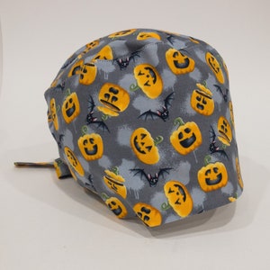 Women&#39;s Halloween Scrub Cap | BATS and JACK-O-LANTERNS Scrub Hat, pixie adjustable ties - Superior Scrub Caps Canada