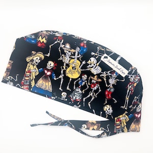 Herr/Dam SKELETTDANS, Sockerskalle-skrubbermössa, 2 storlekar, åtsittande skullcap eller pixie, knytband, kirurg, sjuksköterska, Superior Scrub Caps Canada