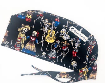 Gorro quirúrgico de calaveras de azúcar para hombre y mujer, SKELETON DANCE, 2 tallas, ajustado o pixie, con lazo, para cirujano, enfermero/a. Gorros quirúrgicos superiores de Canadá.
