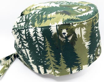 Bear & Forest Scrub Cap: Tie-Back Cotton Surgeon Cap